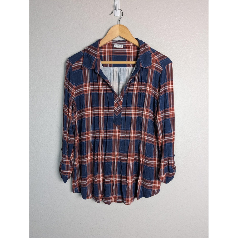 Westport Tunic Blouse‎ Womens XL Blue Plaid Collared Roll Tab Long Sleeve